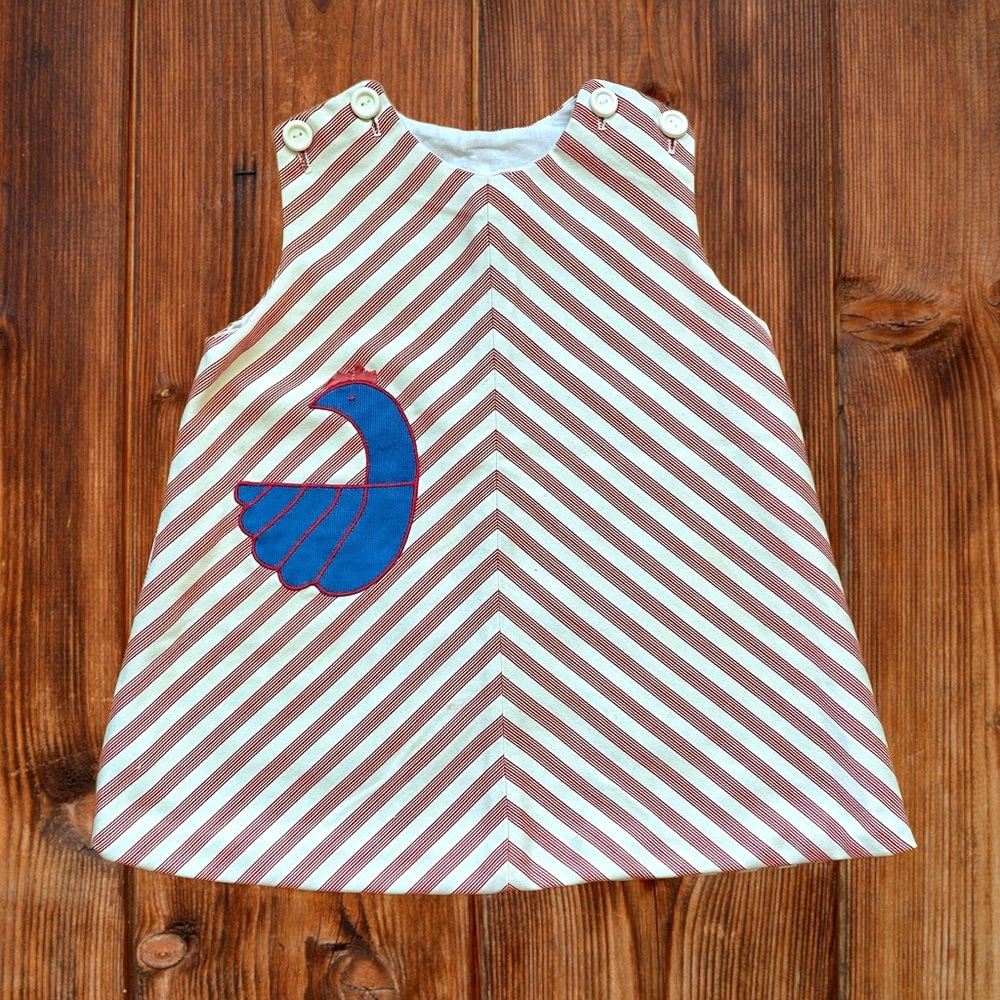 Vintage Striped Kids Dress With Bird